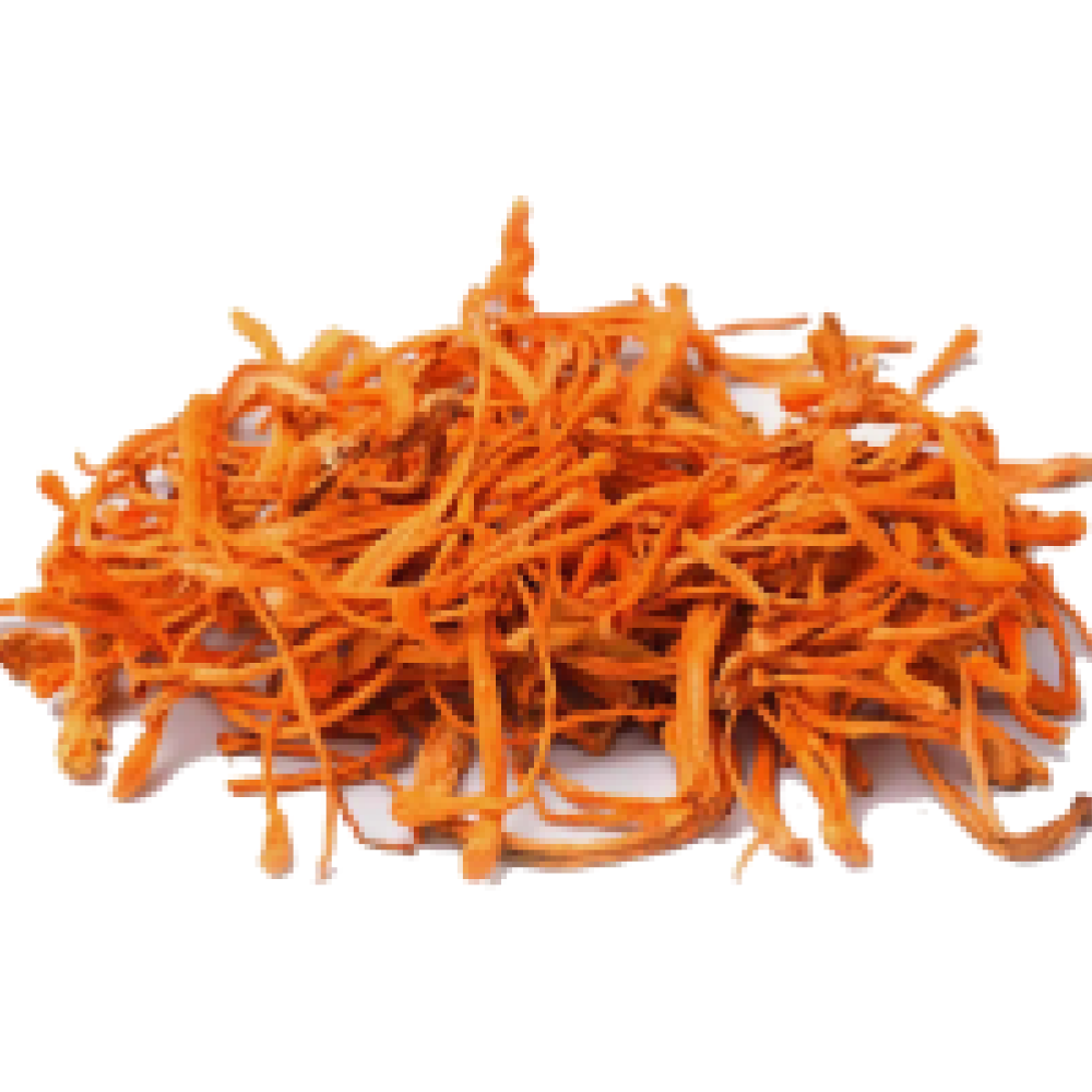A pile of dried orange mushrooms on a white surface.