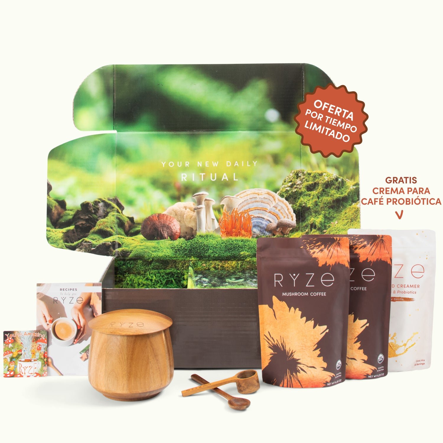 Ryze mushroom coffee set with packaging, wooden jar, and spoons on display.