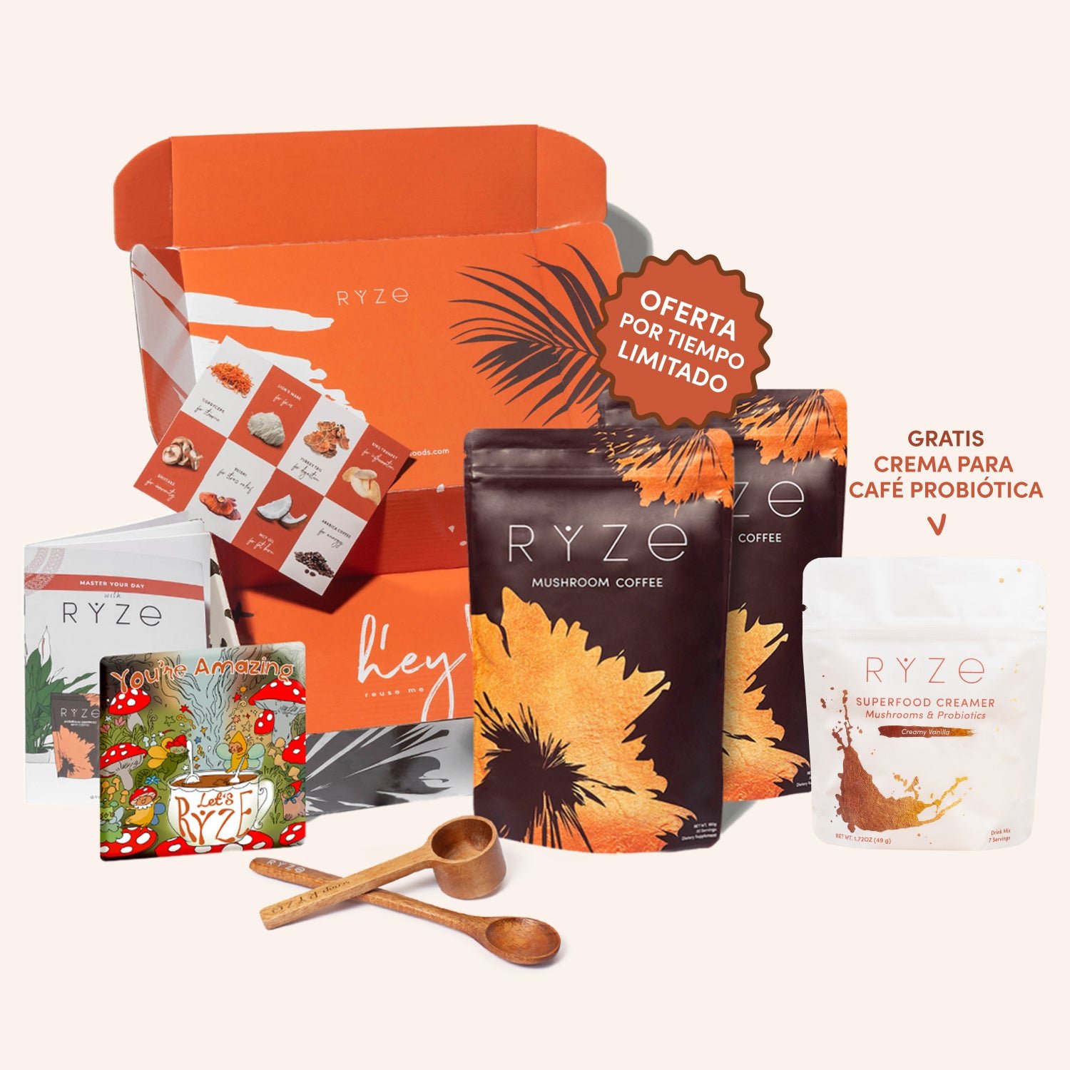 Assorted Ryze mushroom coffee products with packaging and promotional text.