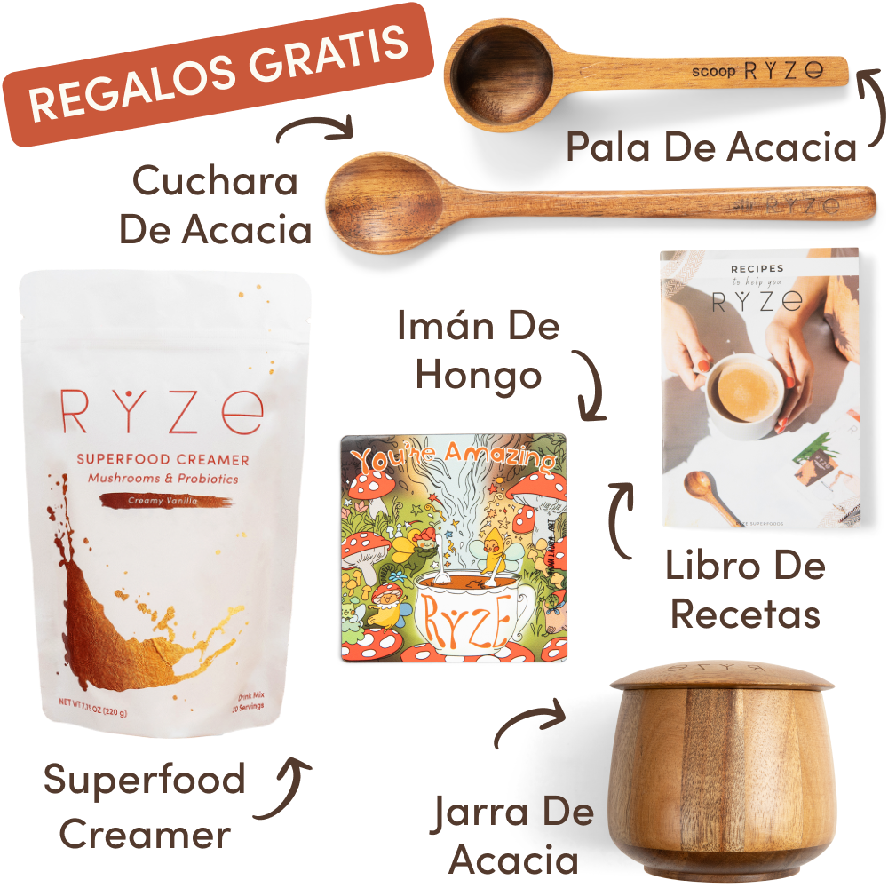 Collection of Ryze products including creamer, wooden spoons, jar, magnet, and recipe book.