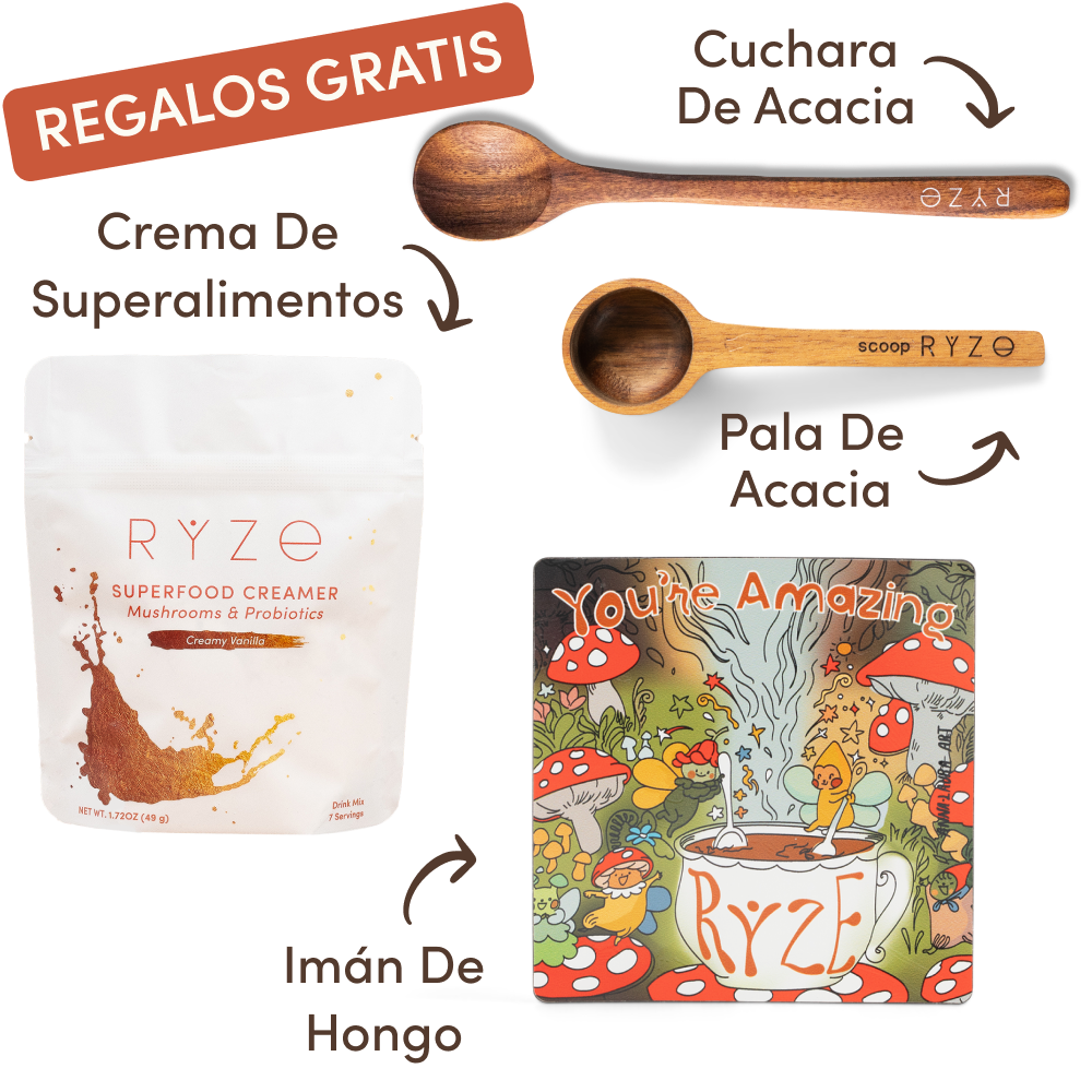 Product image with superfood creamer, wooden spoons, and a colorful mushroom-themed magnet.